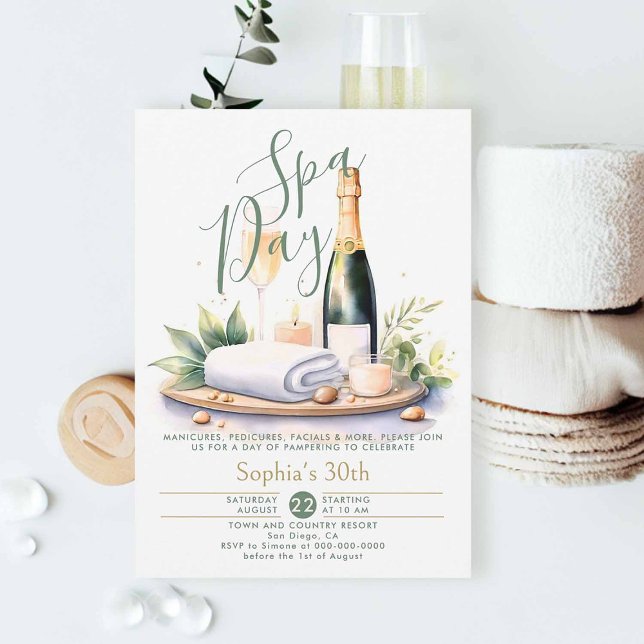 Adult Spa Day Party Watercolor Green 30th Birthday Invitation (adult spa party invitation 30th birthday for women elegant watercolor champagne classy modern chic)
