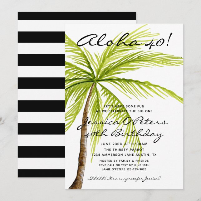 Adult Surprise 40th Birthday Tropical Aloha Party Invitation (Front/Back)