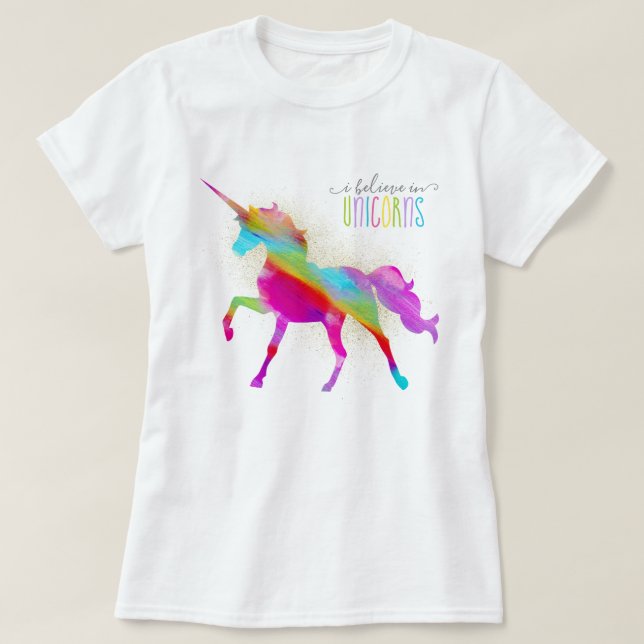 Adult Woman's Gold Glitter Rainbow Unicorn T-Shirt (Design Front)