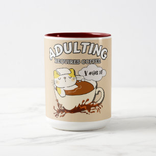 Adulting Requires Coffee Cute Cat  Two-Tone Coffee Mug