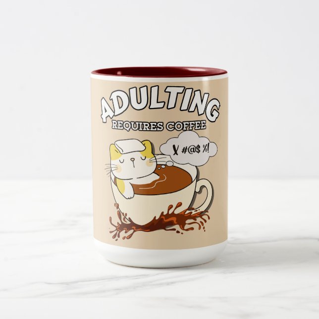 Adulting Requires Coffee Cute Cat  Two-Tone Coffee Mug (Center)