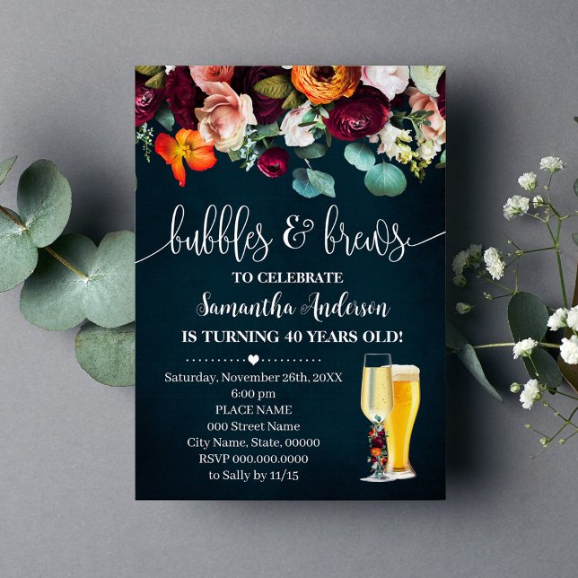 Adults Birthday Bubbles & Brews Wine Flowers Blue Invitation (Creator Uploaded)