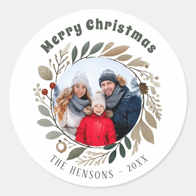 Advent Wreath Foliage Merry Christmas Family Photo Classic Round Sticker (Front)