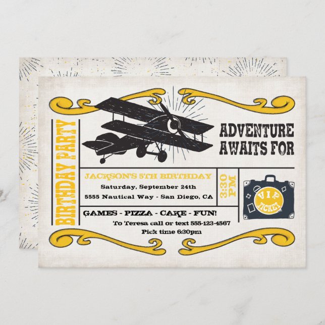 Adventure Aeroplane Ticket Birthday Party Invitation (Front/Back)