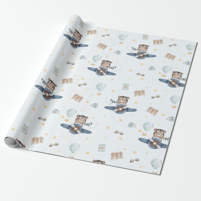 Adventure Aviation Bear Blue Plane  Wrapping Paper (Unrolled)