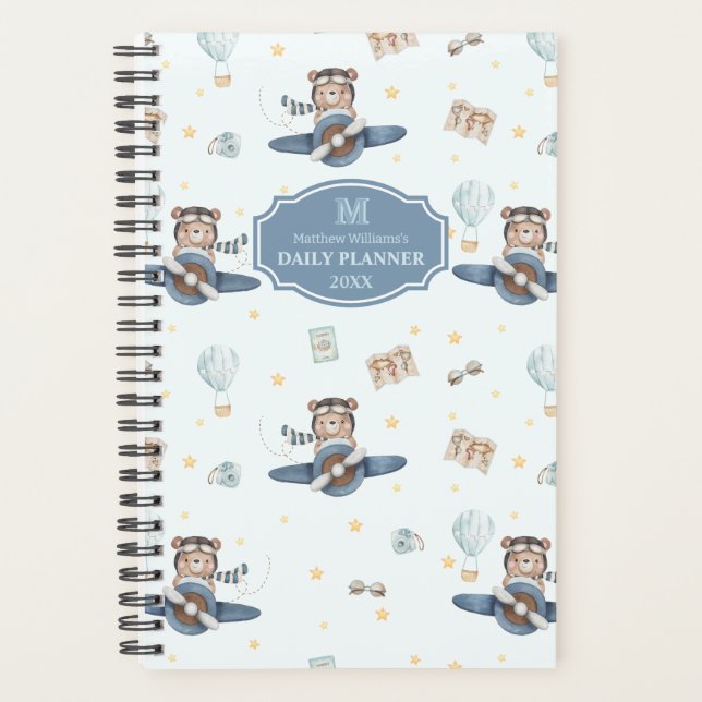 Adventure Aviation Cute Bear Blue Plane Monogram Planner (Front)
