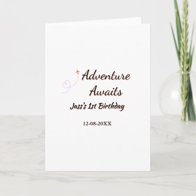 Adventure awaits 1st birthday name date planeretro card (Front)