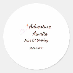 Adventure awaits 1st birthday name date planeretro classic round sticker
