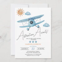 Adventure Awaits Aeroplane Baby Shower Invitation