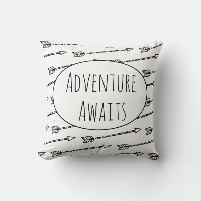 Adventure Awaits Arrow Pattern Black White Cushion (Front)