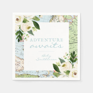 Adventure Awaits Baby Shower Floral Map Custom Nap Napkin