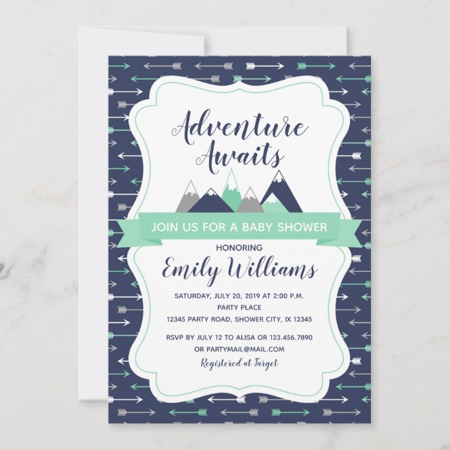 Adventure awaits baby shower invitation (Front)