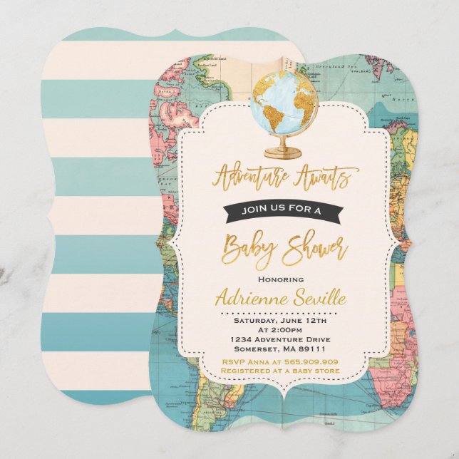 Adventure Awaits Baby Shower Invitation Map Shower (Front/Back)