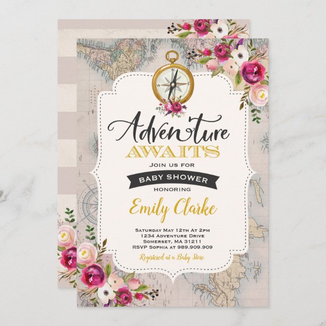 Adventure Awaits Baby Shower Invitation Map Shower (Front/Back)