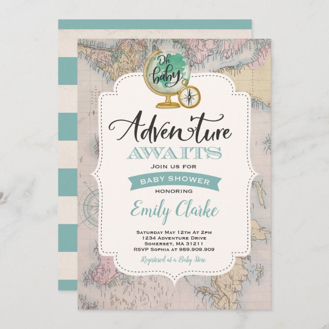 Adventure Awaits Baby Shower Invitation Map Shower (Front/Back)
