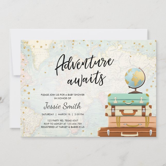 Adventure Awaits Baby Shower Invitation Travel Map (Front)