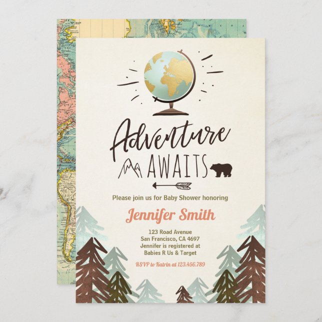 Adventure awaits Baby shower invite Vintage Rustic (Front/Back)