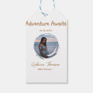 adventure awaits baby shower photo golden pink nam gift tags