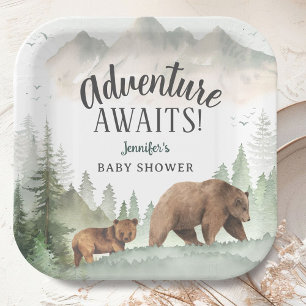 Adventure Awaits Baby Shower Woodland Forest Bear Paper Plate