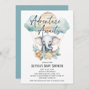 Adventure Awaits Balloon Elephant Blue Boy Invitation