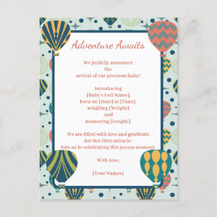 Adventure Awaits Balloon Sage Birth Announcement Postcard