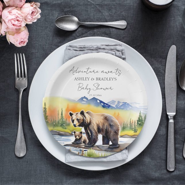 Adventure awaits bear cub with mum baby shower paper plate (Adventure awaits national parks themed baby shower tableware personalized plates cute mam bear cub)