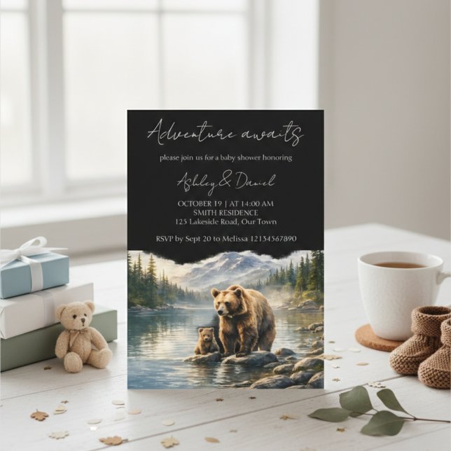 Adventure Awaits Bear & Cub Woodland Baby Shower Invitation (Creator Uploaded)
