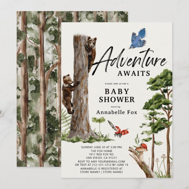 Adventure Awaits Bear Cubs Forest Boy Baby Shower Invitation (Front/Back)