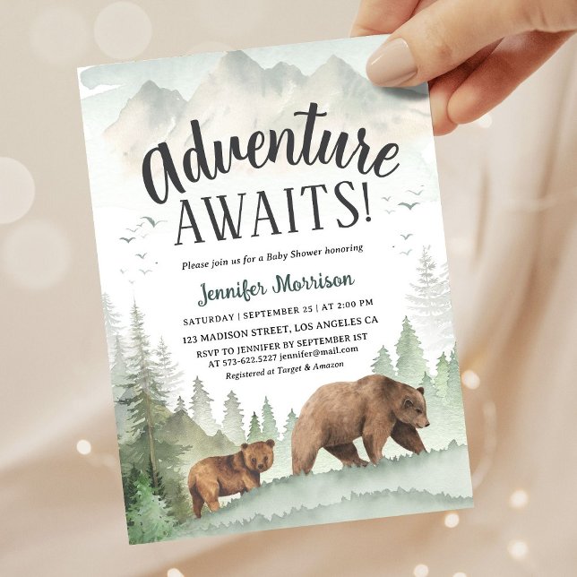 Adventure Awaits Bear Forest Woodland Baby Shower Invitation (Creator Uploaded)