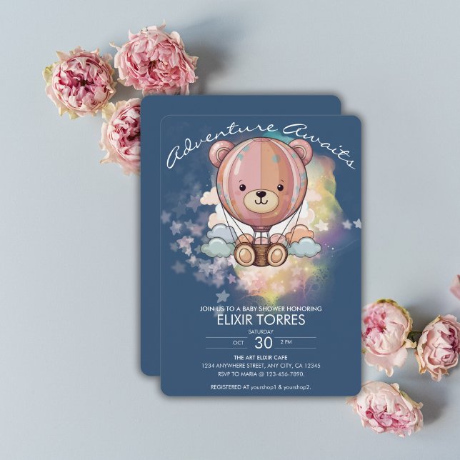 Adventure Awaits Bear Hot Air Balloon Baby Shower Invitation (Creator Uploaded)