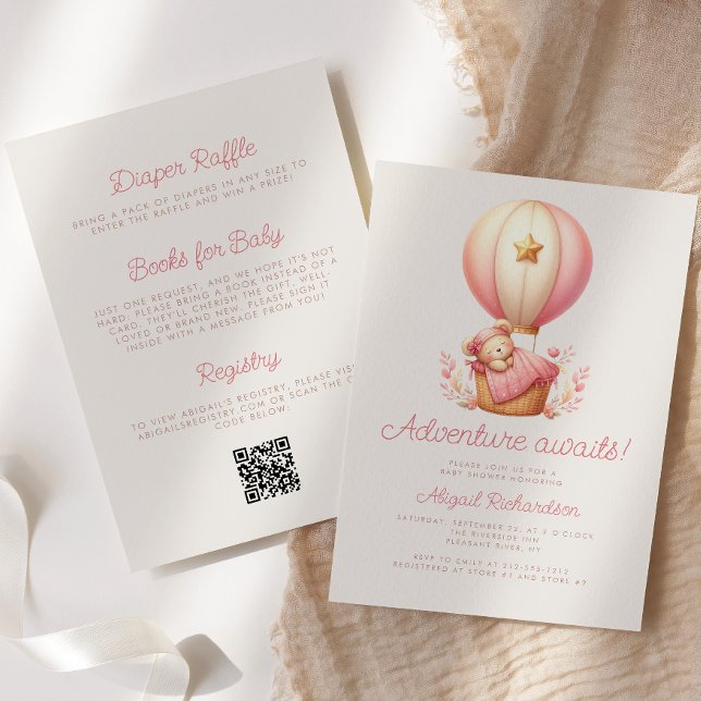 Adventure Awaits Bear QR Code Girl Baby Shower Invitation (Creator Uploaded)