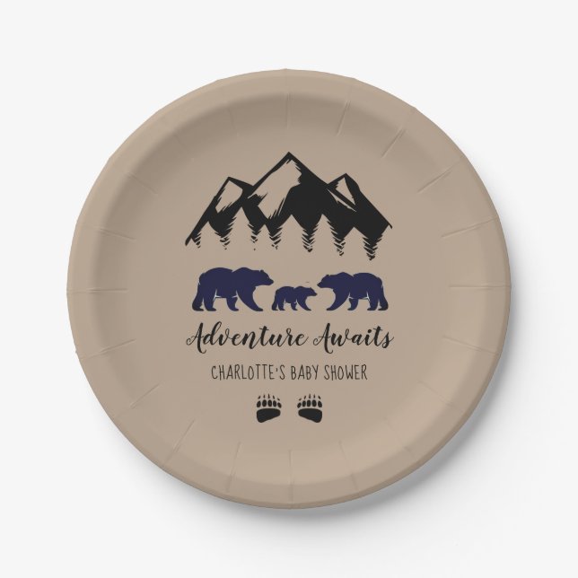 Adventure Awaits Bears Kraft Baby Shower  Paper Plate (Front)