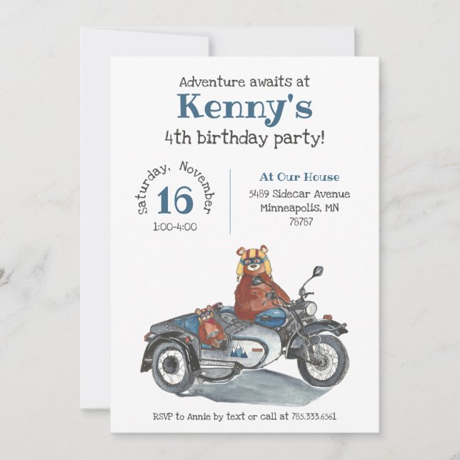 Adventure Awaits Bears Motorcycle Kids Birthday Invitation (Front)
