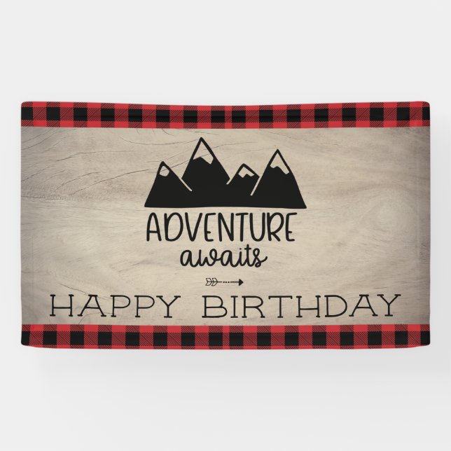 Adventure Awaits Birthday| Wood Buffalo Plaid Banner (Horizontal)