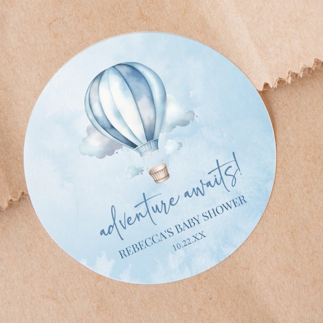 Adventure Awaits! Blue Hot Air Balloon Baby Shower Classic Round Sticker (Creator Uploaded)