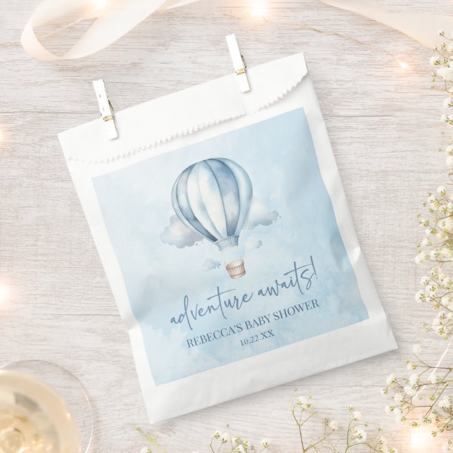 Adventure Awaits! Blue Hot Air Balloon Baby Shower Favour Bags (Clipped)