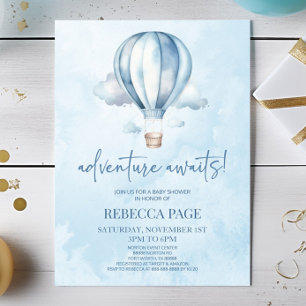 Adventure Awaits! Blue Hot Air Balloon Baby Shower Invitation
