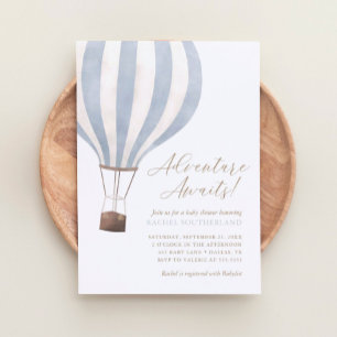 Adventure Awaits Blue Hot Air Balloon Baby Shower  Invitation