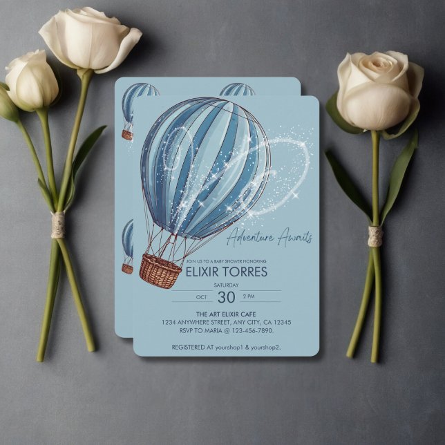 Adventure Awaits Blue Hot Air Balloon Baby Shower Invitation (Creator Uploaded)