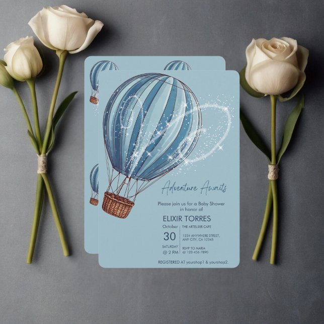 Adventure Awaits Blue Hot Air Balloon Baby Shower Invitation (Creator Uploaded)