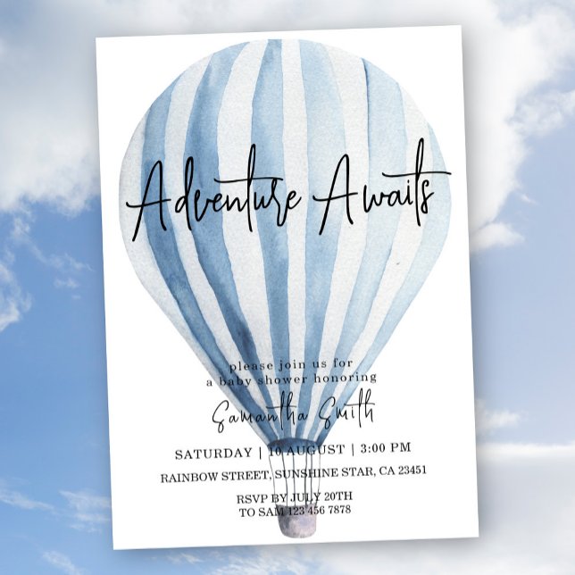Adventure Awaits Blue Hot Air Balloon Baby Shower  Invitation (Creator Uploaded)