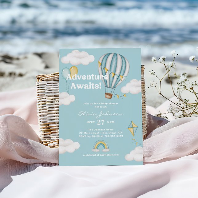 Adventure Awaits Blue Hot Air Balloon Baby Shower Invitation (Creator Uploaded)