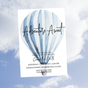 Adventure Awaits Blue Hot Air Balloon Baby Shower  Invitation