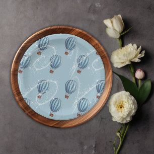 Adventure Awaits Blue Hot Air Balloon Baby Shower Paper Plate