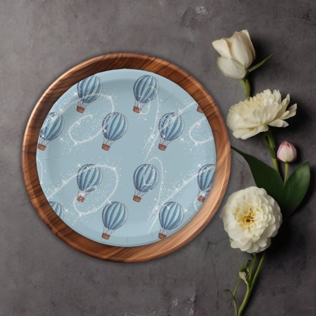 Adventure Awaits Blue Hot Air Balloon Baby Shower Paper Plate (Creator Uploaded)