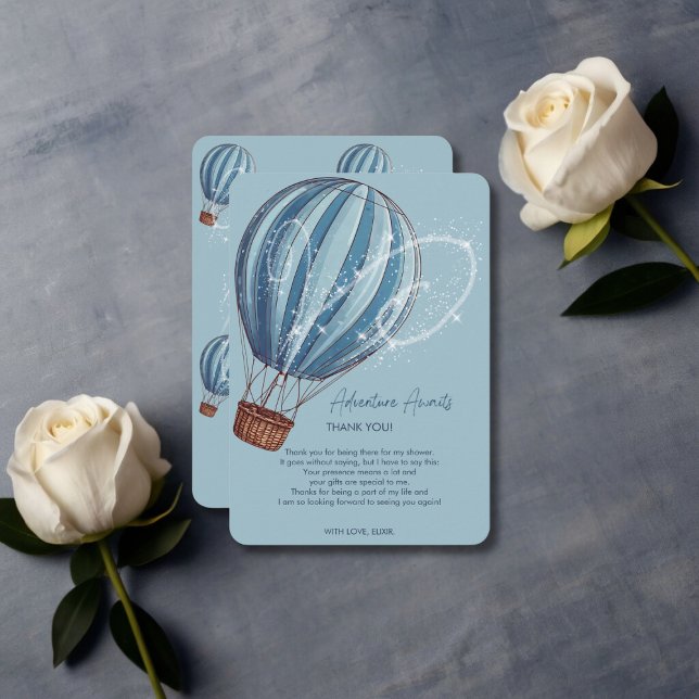 Adventure Awaits Blue Hot Air Balloon Baby Shower Thank You Card (Creator Uploaded)