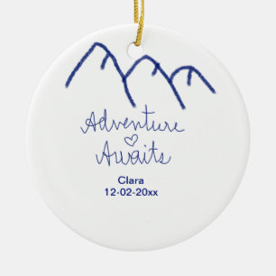 Adventure awaits blue mountain heart add name ceramic tree decoration