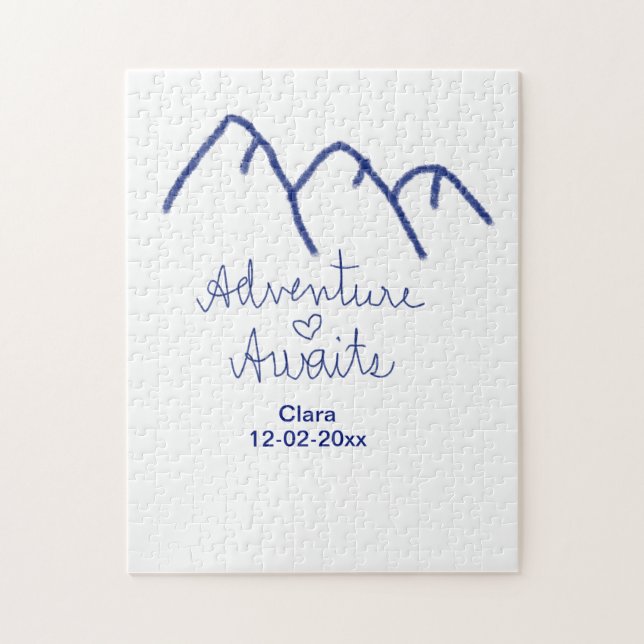 Adventure awaits blue mountain heart add name  jigsaw puzzle (Vertical)