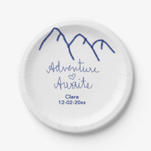 Adventure awaits blue mountain heart add name paper plate