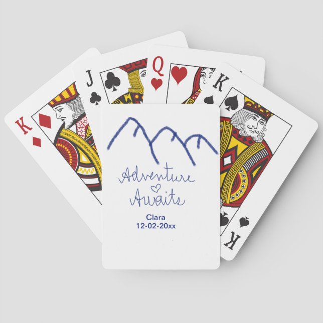 Adventure awaits blue mountain heart add name  playing cards (Back)
